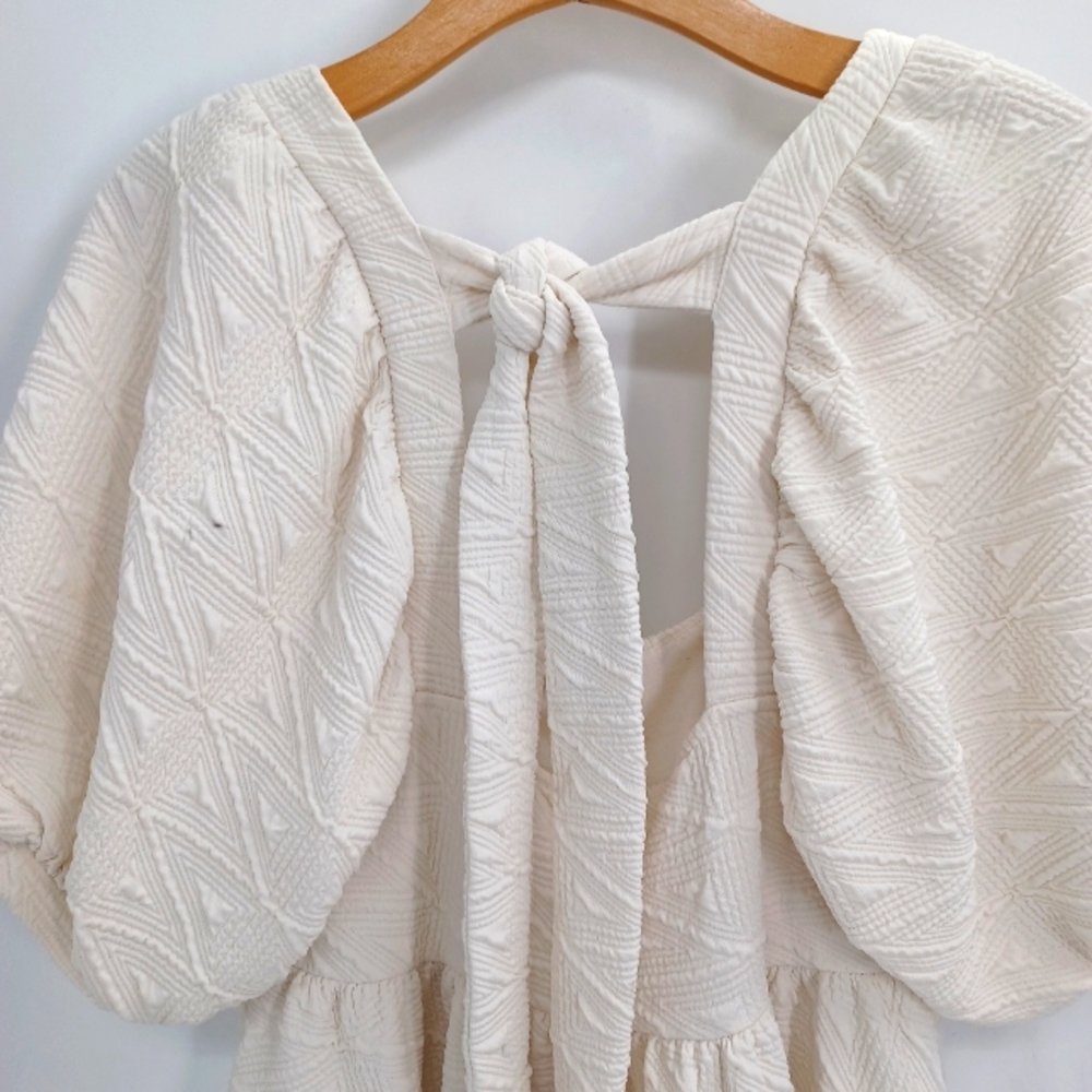 Free People Violet Mini Dress Ivory Square Neck Puff Sleeve Size M Boho - Picture 5 of 9
